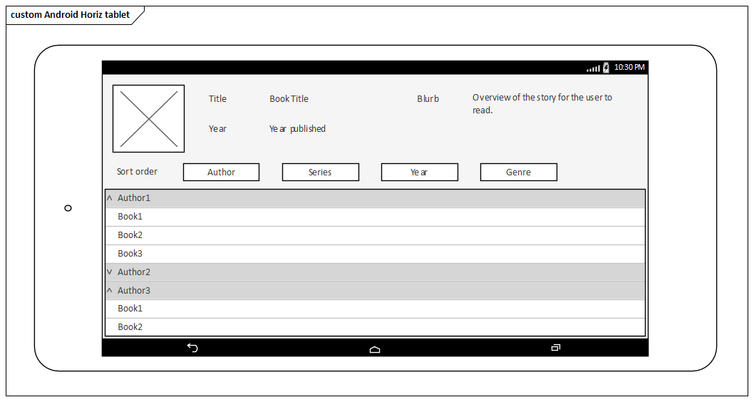 Example Android Tablet Wireframe (horizontal aspect) in Sparx Systems Enterprise Architect.
